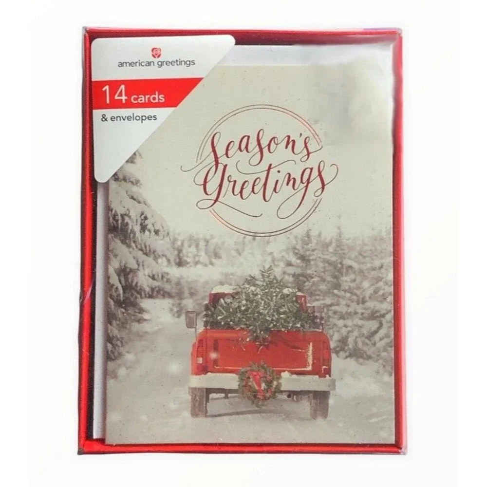 American Greetings Christmas Cards Red Farm Truck Boxed 14 Cards Envelopes 4x5
